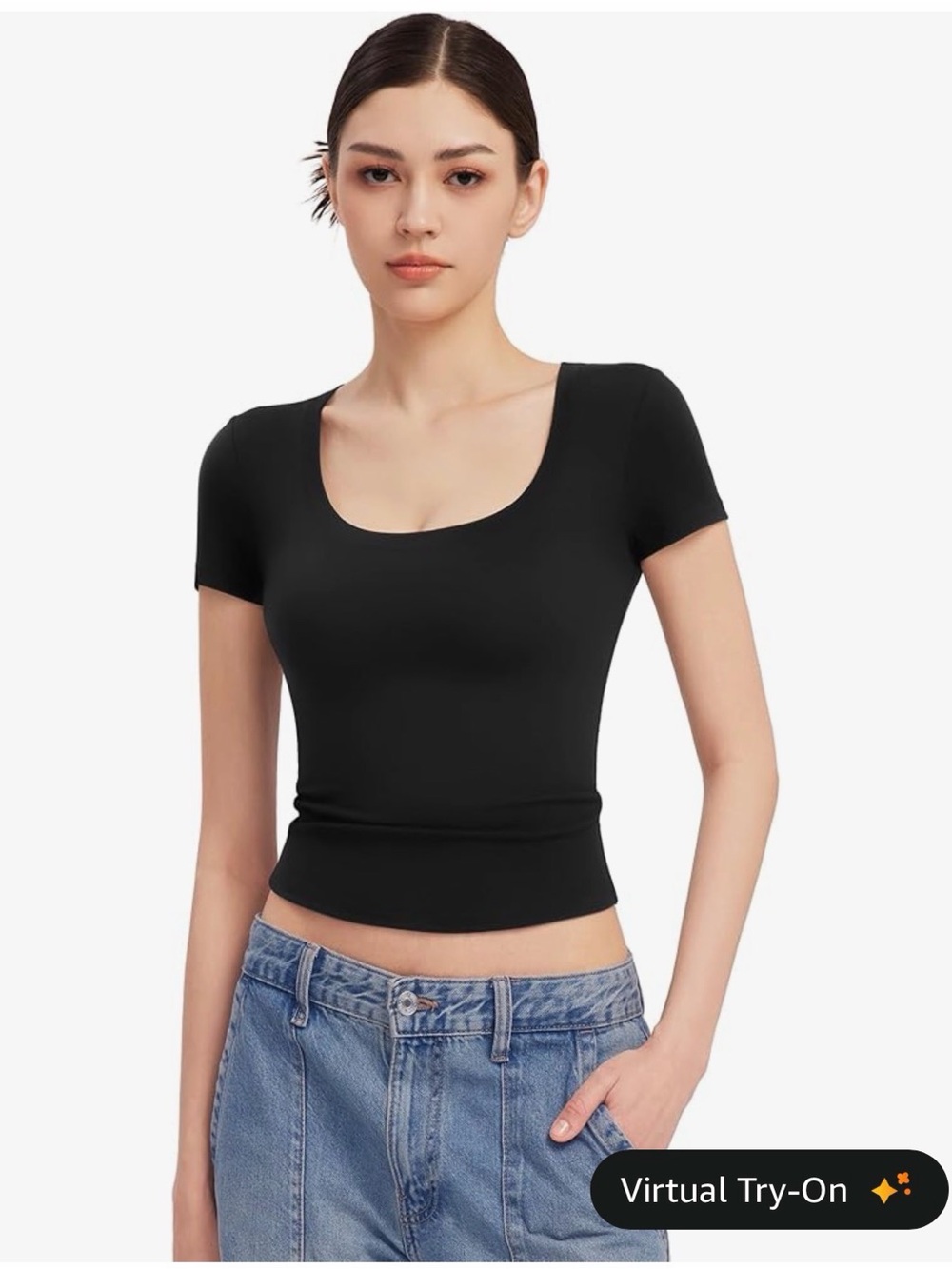 Pumiey Sleek Black Scoop Neck Short Sleeve Tee